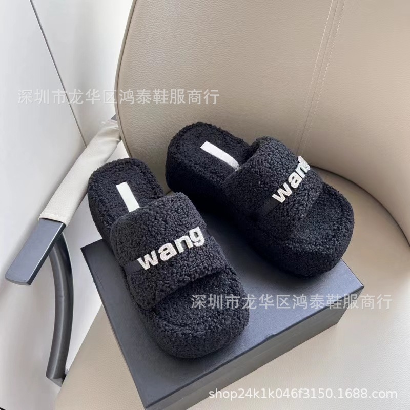 AW厚底毛毛拖鞋女外穿高级感2024新款松糕底一字拖矮子乐厚底鞋