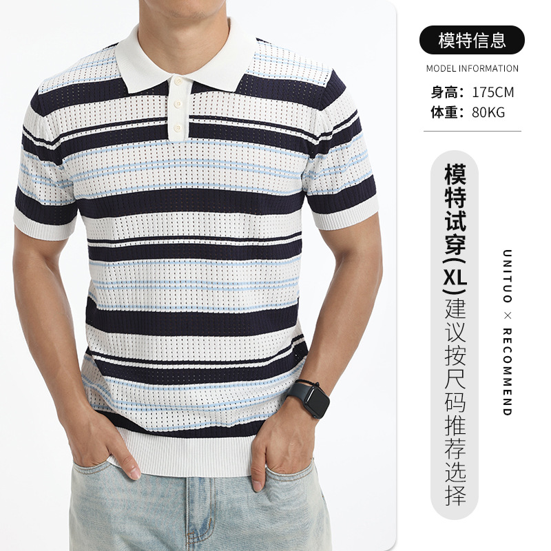 Polo de hielo de punto para hombres, rayas de contraste huecas transpirables, mangas cortas, ligeras, comerciales, casuales, alto nivel, Paul para hombres