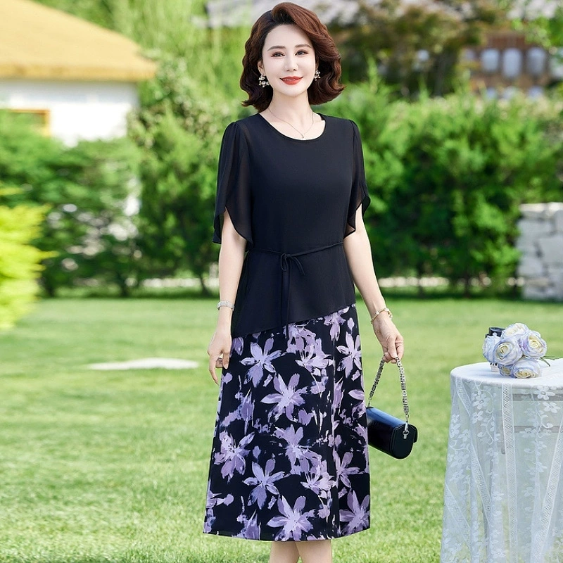 2025 новое платье с короткими рукавами, модное новое платье с цветочным принтом, большой размер, скрывающее живот, утягивающая юбка средней длины