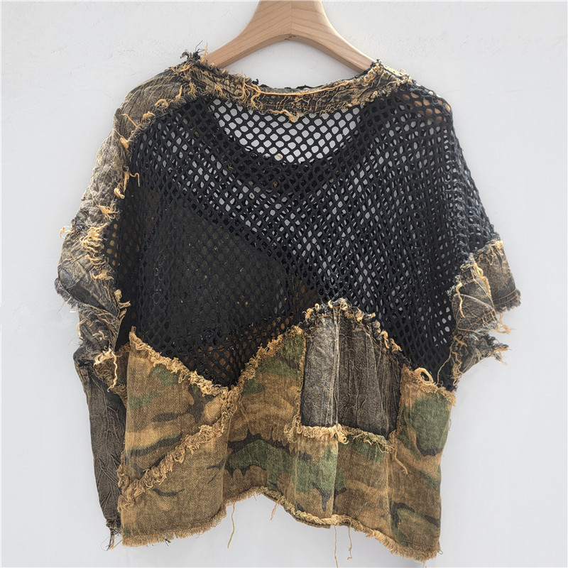 Moda fresca personalidad moda mujer 2025 verano nuevo estilo malla costura camiseta de manga corta suelta talla grande image 2