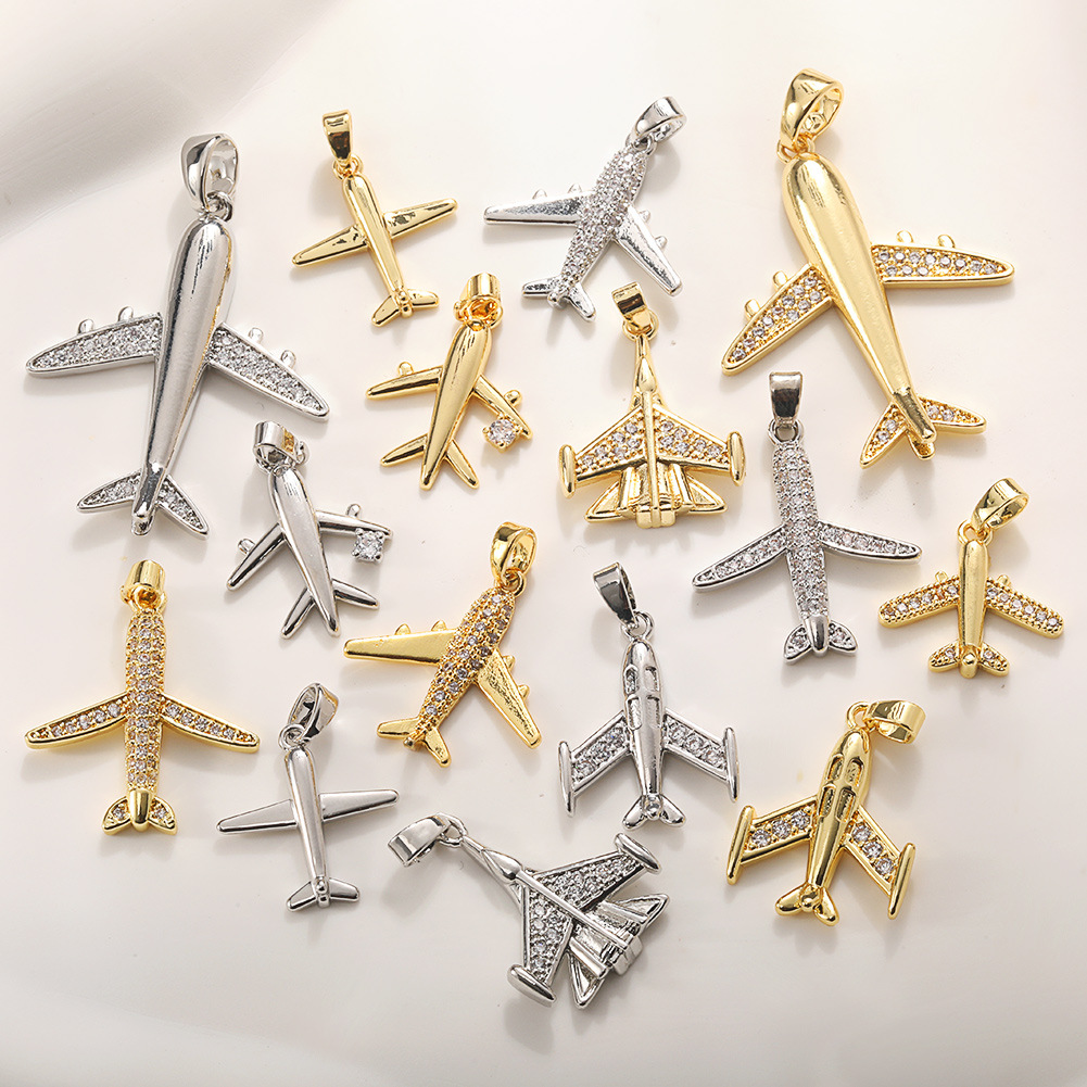 跨境铜镀真金飞机吊坠微镶锆石diy饰品配件项链手链耳环挂件坠子