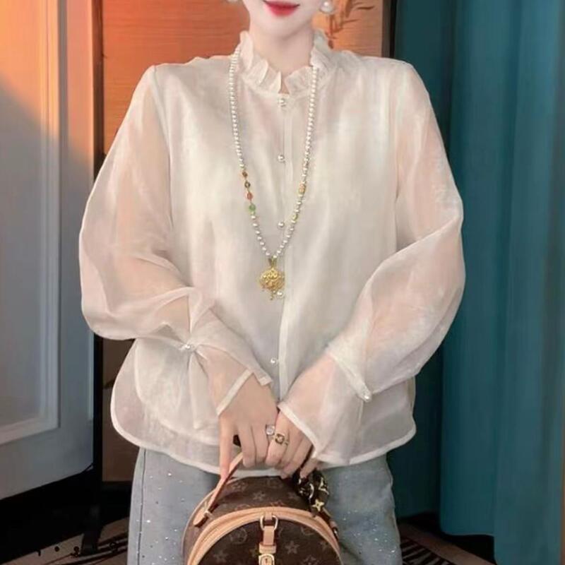 New Chinese-style, high-end, artistic long-sleeved shirt with a mandarin collar, perfect for early autumn, versatile, casual, loose-fitting, and slimming