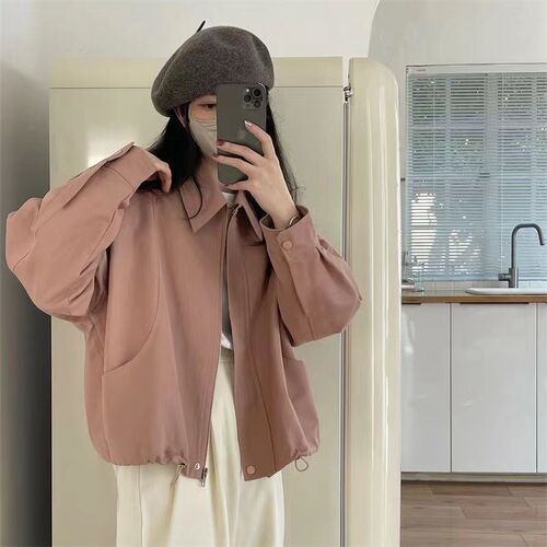 2024 Spring New Solid Color Stand Collar Loose Short Length Jacket Women Korean Style Loose Matchable Hemdrawstring Short Coat