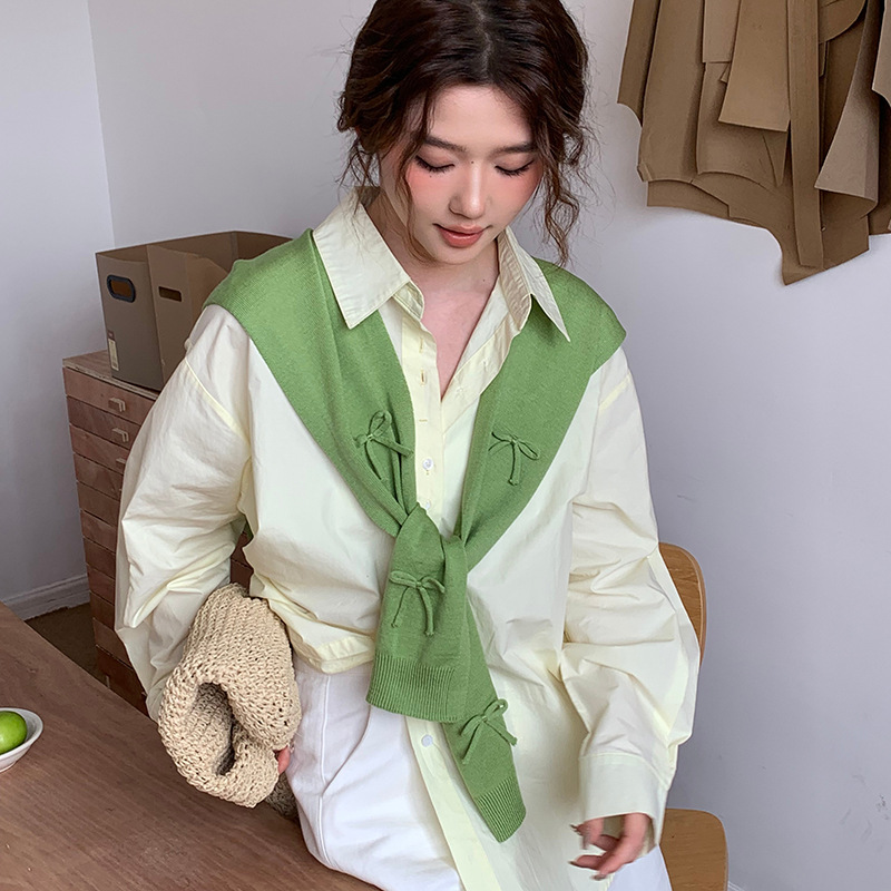 Sopa de punto para mujeres otoño y invierno nuevo arco tridimensional con falda camisa de nudos de cuello pequeño hombro de hombro