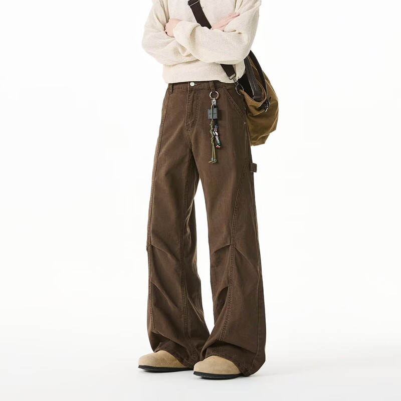 Men's American Retro Brown Wide-Leg Casual Pants with Pleated Parachute Cargo Design
