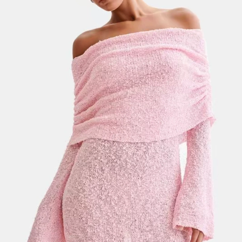 Вязаное короткое пляжное платье для женщин, открытые плечи, длин sleeves, европейский стиль, сексуальное мини