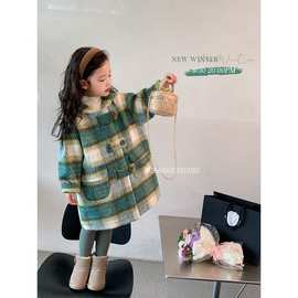女童毛呢连帽大衣秋冬2025新款韩范洋气休闲格子夹棉加厚保暖外套