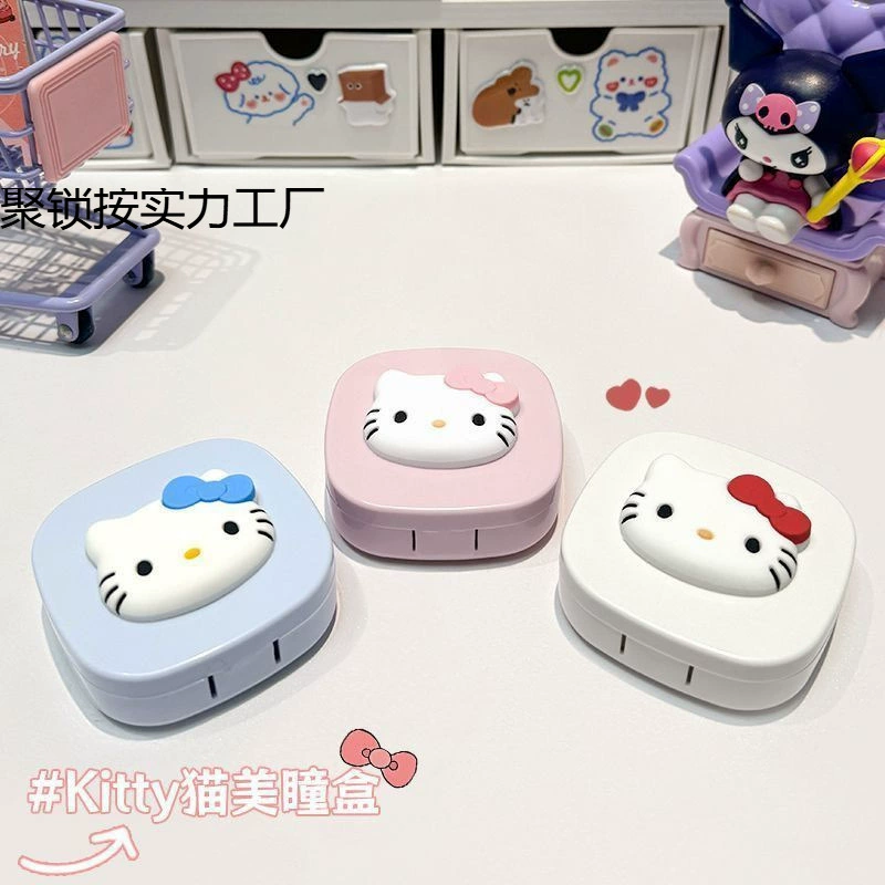 Hello Kitty, невидимые мультяшные стильные очки,双 портативное банка для хранения, зеркало, пинцет