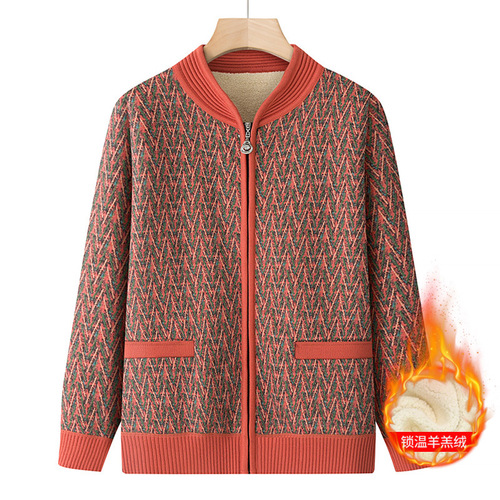 Women's Wool Coat Sweater for Middle-Aged and Elderly, with Fleece Open Shirt for Grandmothers, Thick 60-Year-Old Autumn/Winter Top