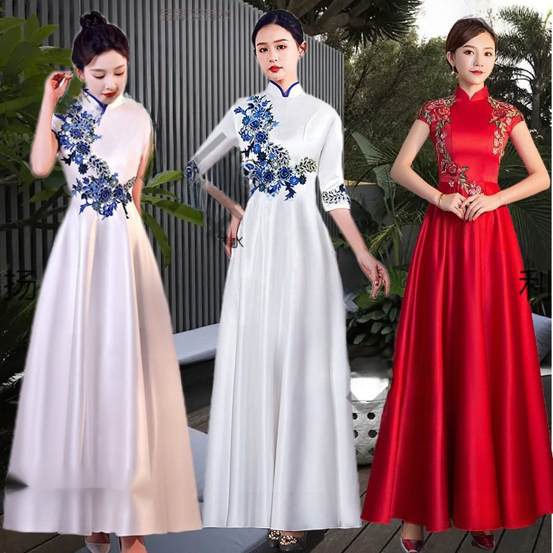 Etiquette Reception Clothing Etiquette Cheongsam Clothing Lady Gold Store Event Style Blue and White Award Dress Hotel Reception Etiquette Reception Clothing Etiquette Cheongsam Clothing Lady Gold Store Event Style Blue and White Award Dress Hotel Reception