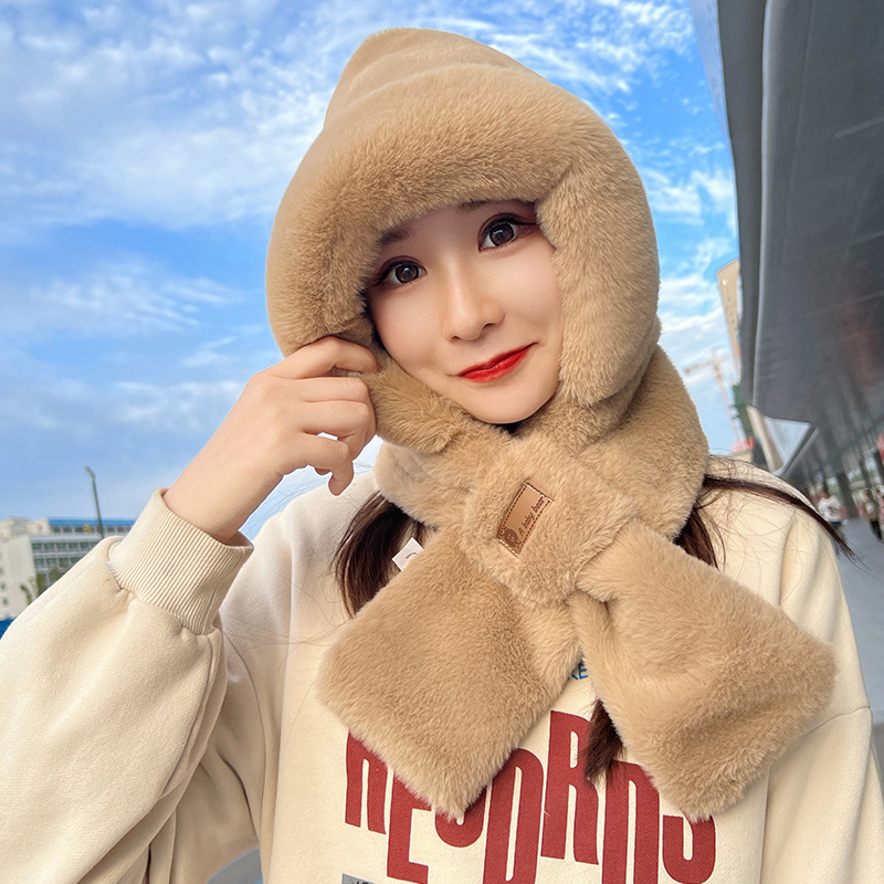봉제 모자 여성 겨울 한국어 버전 따뜻한 사이클링 두꺼운 모자 스카프 2 피스 세트 토끼 모피 귀 보호 모자 방한 모자