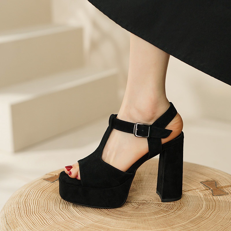 Sandal cao gót nữ quai chữ T đế dày gót vuông mũi cá da bò — Màu Đen [da cừu]