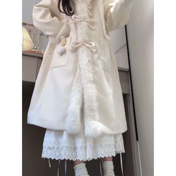 学院风甜美毛呢大衣连帽毛领蝴蝶结扣拼接毛绒绒外套氨纶常规其他