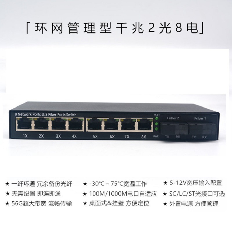 千兆环网型交换机2光4电2光口8网口一纤通一纤环通SC单纤SFP