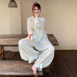 跨境100%棉睡衣2026年秋季婴儿棉麻法式少女甜美长袖高级感家批发