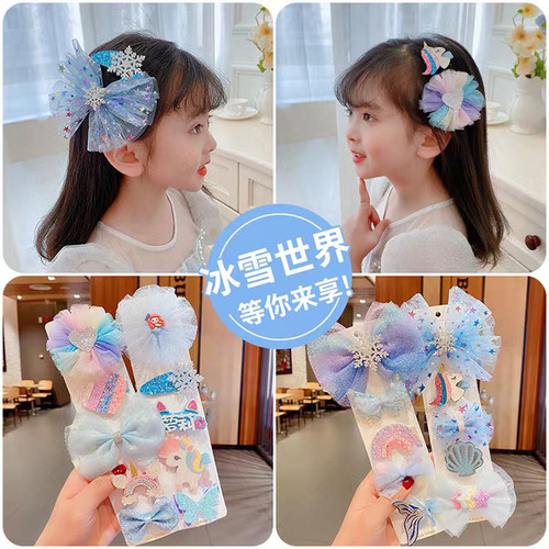 Children's Frozen Princess Hair Clip Set, Baby Girls' Hair Clips, Korean Style Cute Bow Tiara