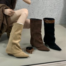 可两穿~法式复古裤管靴2024秋冬绒面皮带扣坡跟尖头中筒靴瘦瘦靴