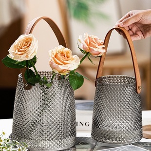 American Accessible Luxury Creative Leather Satchel Vase Glass Water-Raised Flower Arrangement Rose Lily Living Room Table Decoration Ornaments