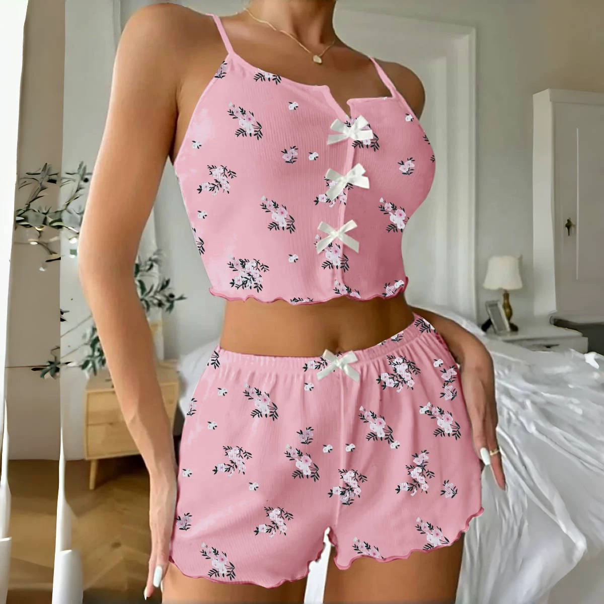Pajama Set Women, Heart-Print Lifting-Effect Top & Shorts, Ribbed Sleepwear, S–XL