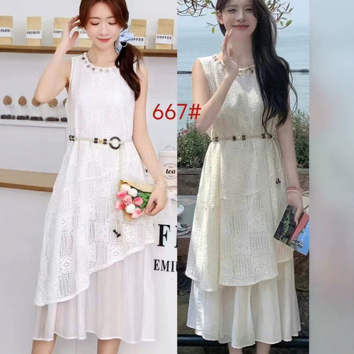 2025 Shell Decoration Lace-Panel Fake Two-Piece Mid-Length Sleeveless Dress with Belt, Elegant Summer Wear