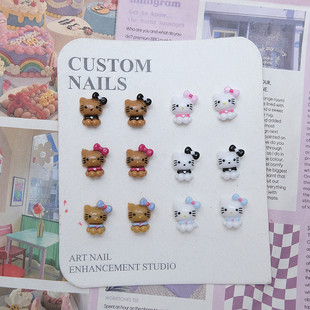 Colorful Bow Hello Kitty Nail Art Accessories Cute Black and White Leather Kt Cat Resin DIY Wearable Nail Accessories Wholesale