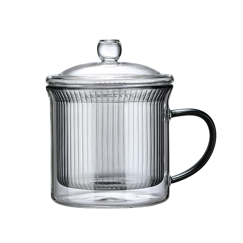 Fabricante al por mayor simple taza de vidrio de doble capa de rayas verticales transparente taza de vidrio resistente a altas temperaturas con mango taza de café de vidrio image 6