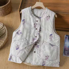 紫花印花棉服马夹女冬保暖木耳边领文艺