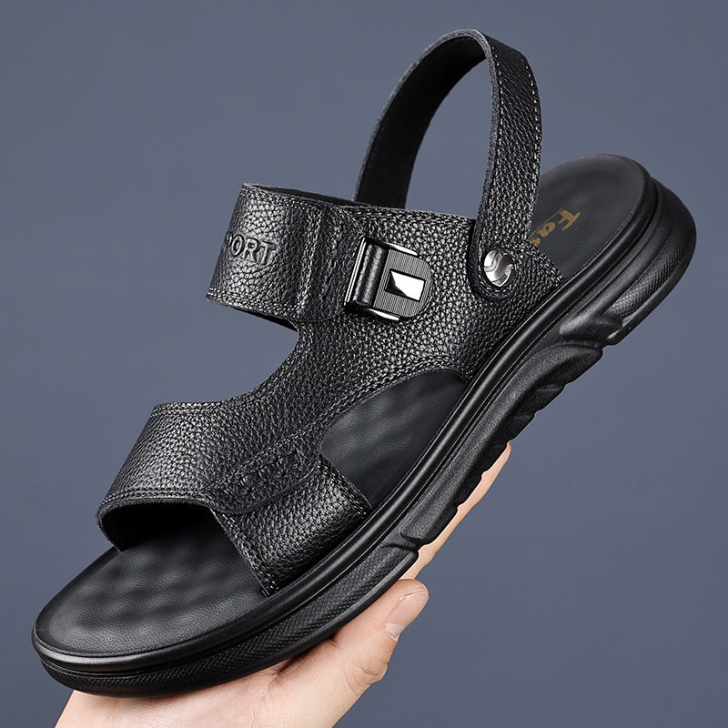 Dép sandal nam da bò thật hở ngón, đế mềm chống trượt, thoáng khí đi biển và sinh hoạt hằng ngày — 51218 Màu nâu, 51218 Màu đen