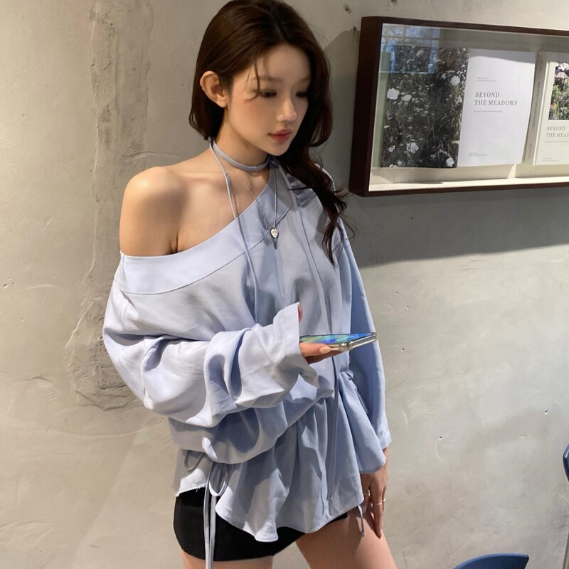 Korean Chic French Style Drawstring Waist Off-Shoulder Shirt for Women Spring New Versatile Design with Ruffles Korean Chic French Style Drawstring Waist Off-Shoulder Shirt for Women Spring New Versatile Design with Ruffles