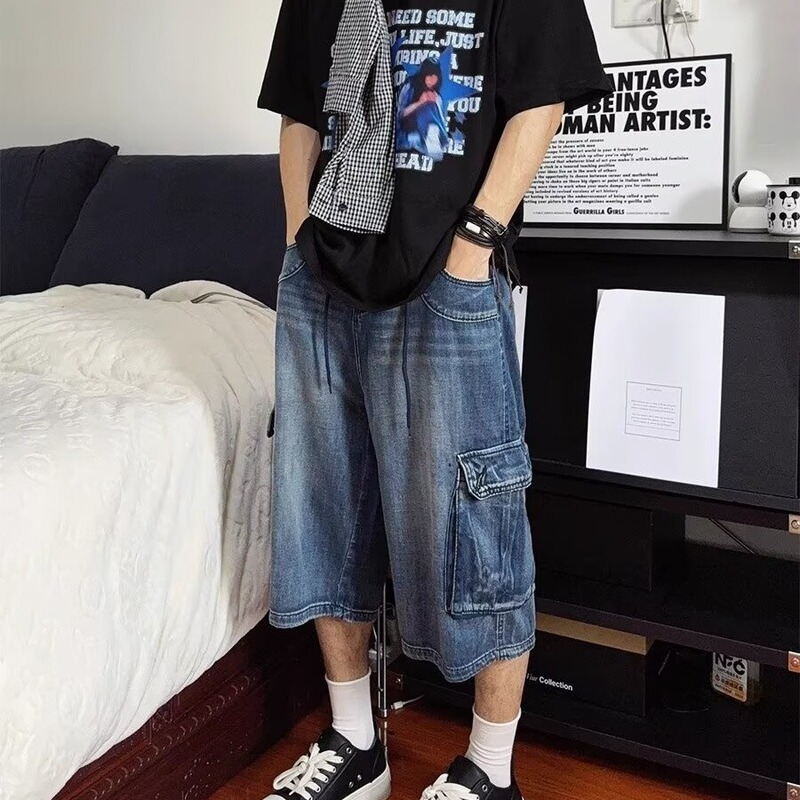 American Denim Workwear Cropped Pants for Men 2025 New Summer Loose Wide-Leg Multi-Pocket Straight Casual Shorts American Denim Workwear Cropped Pants for Men 2025 New Summer Loose Wide-Leg Multi-Pocket Straight Casual Shorts
