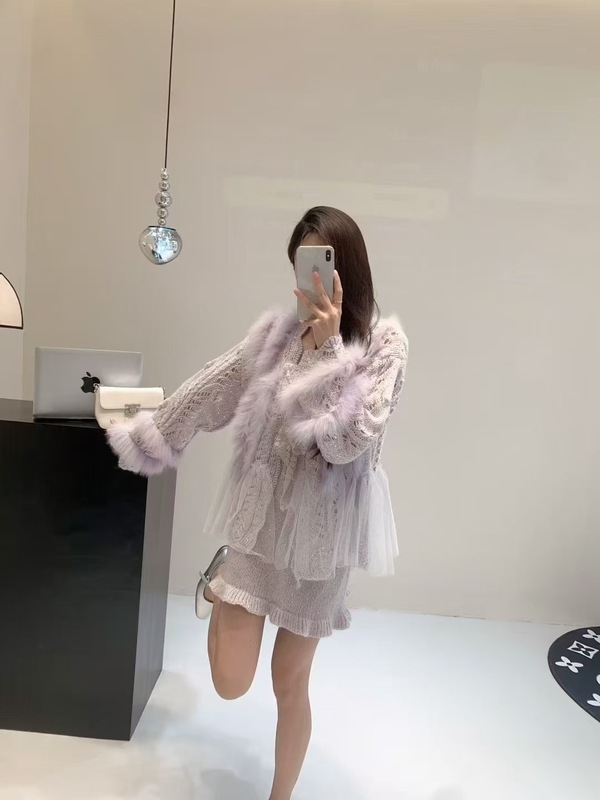 2025秋冬新款慵懒风套装针织毛衣真狐狸毛蕾丝外套女仙气飘飘|undefined