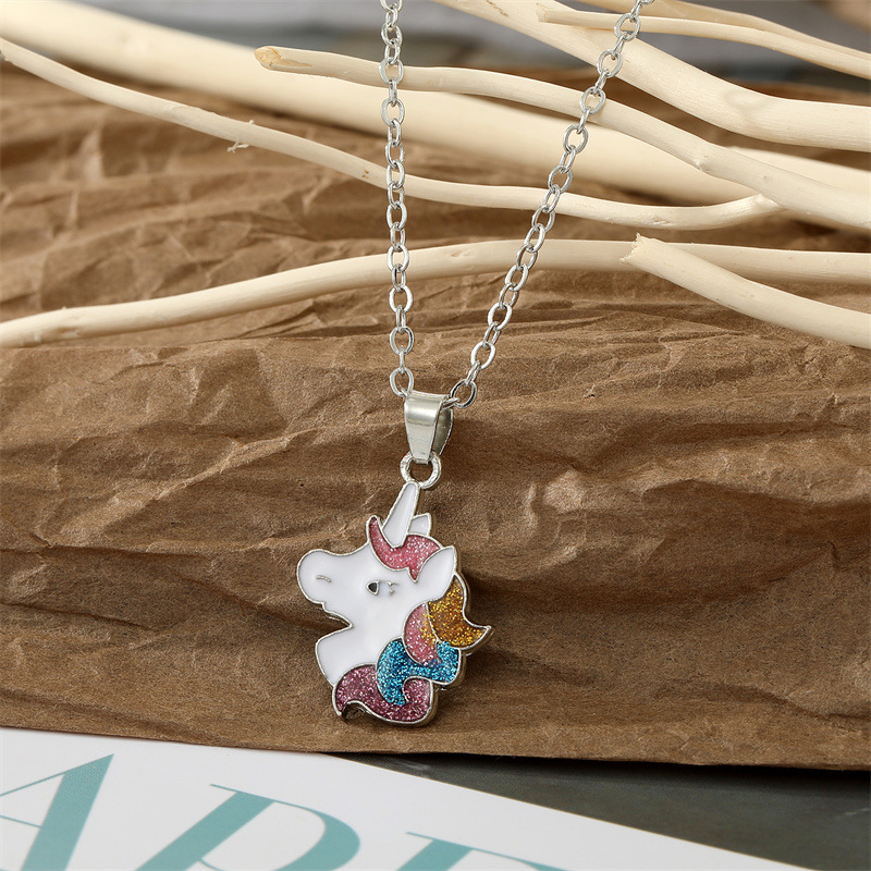 fashion drip oil color glitter unicorn necklace set animal pendant drop earringspicture4