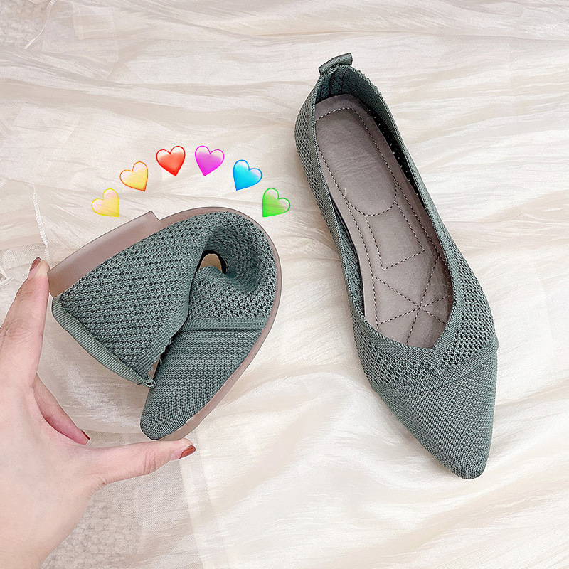 Pointed Toe Pure Color Work Clothing Old Beijing Cloth Shoes for Women 2022 Summer New Soft Sole Flats Bottom Cut Out Breathable Knitted Shoes