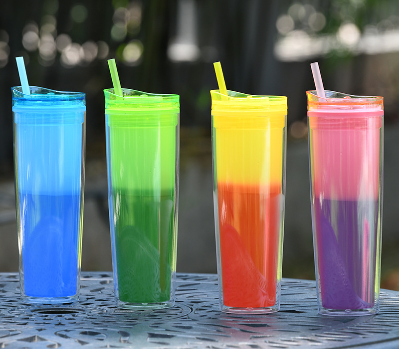 Factory Wholesale Double-layer Plastic Cup Gift Cup Creative Temperature Gradient Color Drink Straw Discoloration Cup Can Be Set display picture 3