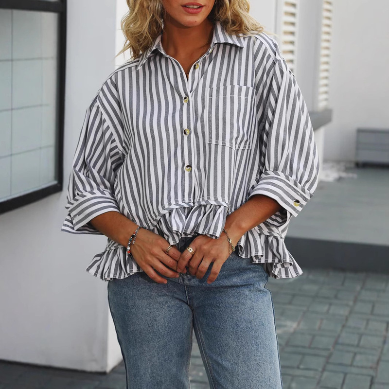 European and American Cross-Border Foreign Trade Amazon Women's Fashion Commuter Striped Lace Hem Loose Shirt Three-Quarter Sleeve Shirt