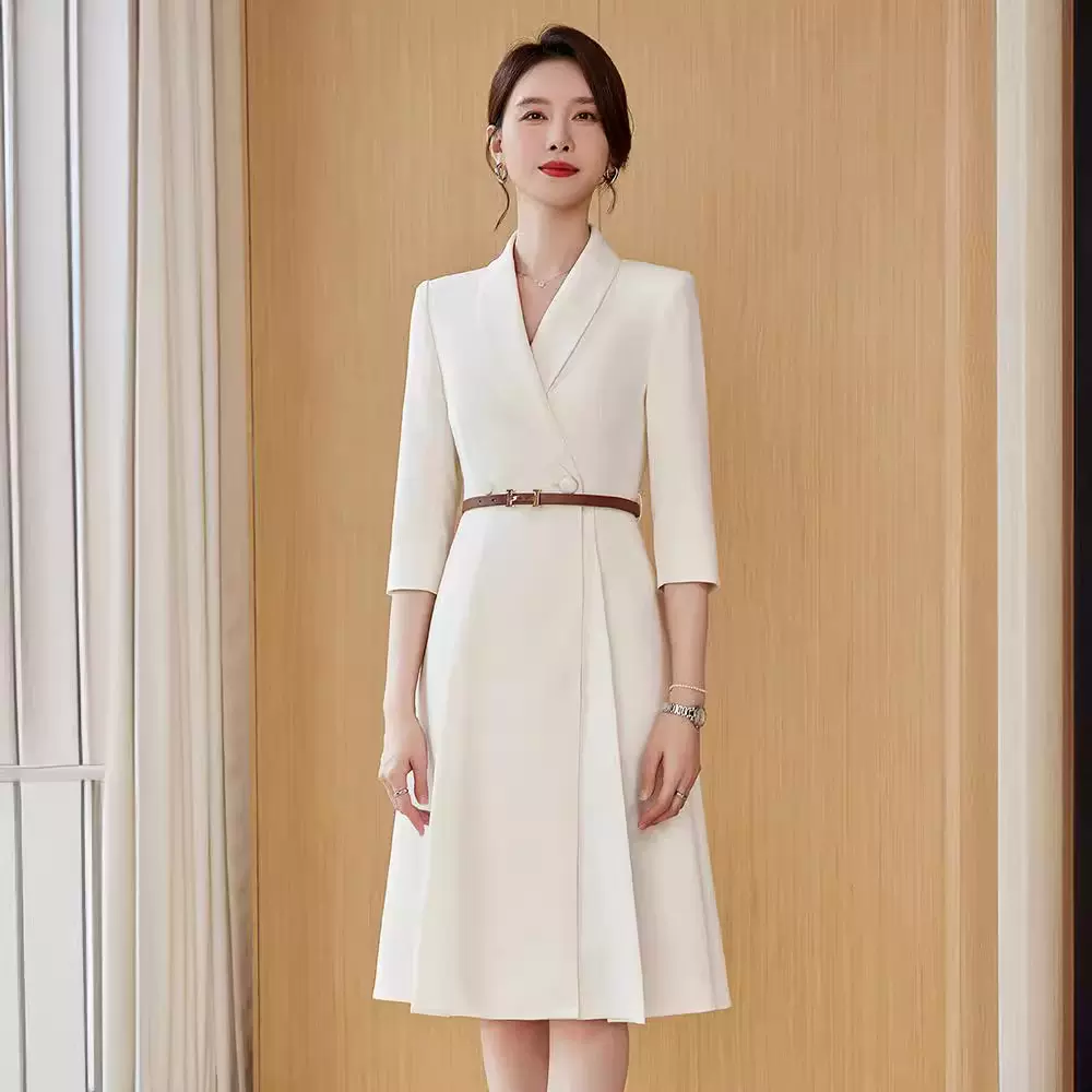 米白色正式场合连衣裙女气质时尚西服裙子主持人女神范职业正装裙