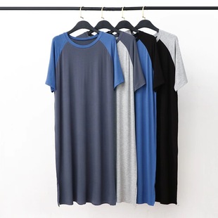 Summer Patchwork Contrasting Color Casual Loose Dress Men's Modal Round Neck Nightgown Large Size Thin Home Bathrobe