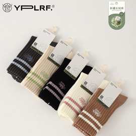 鹿人秋冬女士精梳棉袜子运动棉质中腰秋冬无骨袜吸汗刺绣女袜601