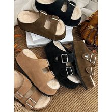 2025秋冬季羊糕毛厚底一字拖女外穿时尚百搭松糕皮带扣勃肯毛毛拖