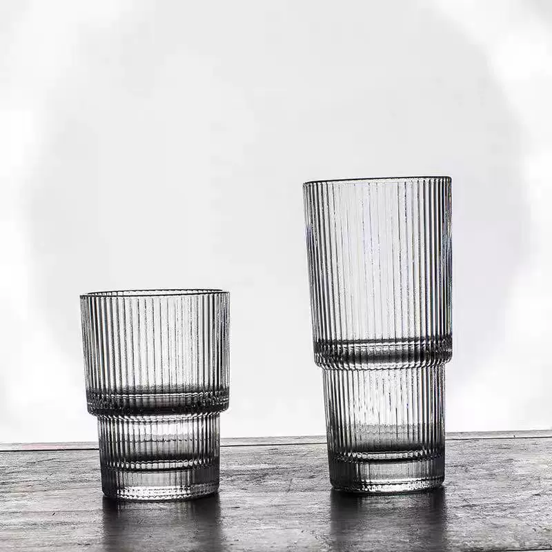 德力玻璃水杯竖纹条纹杯牛奶杯果汁杯啤酒杯透明北欧简约风可叠杯