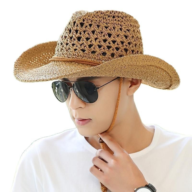 Vintage Straw Cowboy Hat For Men Sun Protection Beach Style_voghion.com