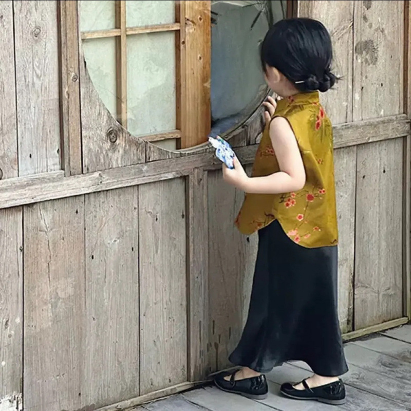 女童中式夏季新款套装2025儿童国风马甲上衣小女孩夏季半身裙两件|undefined