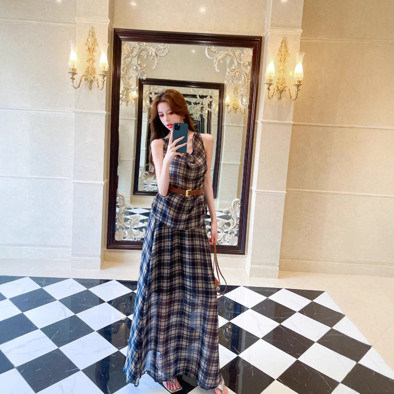 [Hit the Aesthetics] Temperament Swung Collar Contrasting Plaid Vest Top Two-Piece High-Waisted Skirt Suit