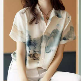 新中式国风女装白色山水印花短袖衬衫夏季设计感绝美上衣独特别致