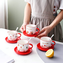 圣诞陶瓷咖啡杯碟带勺可印制logo马克杯礼品跨境圣诞水杯子套装