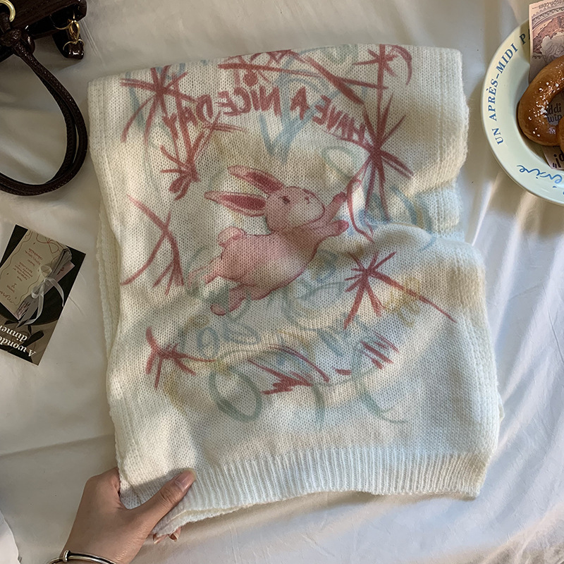 网红手绘插画原创水彩画马海毛混纺薄款印花围巾搭配围脖丝巾秋冬|undefined