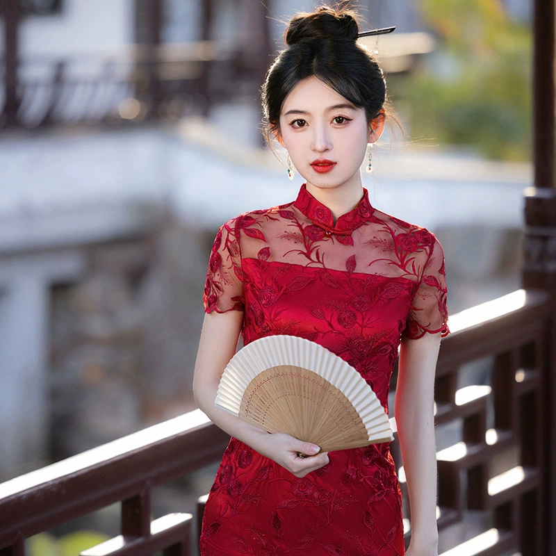 2025 весна и лето новая сетка с вышивкой чонсам мода в китайском стиле