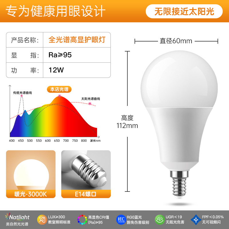 Bombilla led de espectro completo, pantalla alta, una lámpara de bombilla de aluminio recubierta de espuma, protección ocular e27e14, lámpara de ahorro de energía de iluminación para el hogar de boca de tornillo
