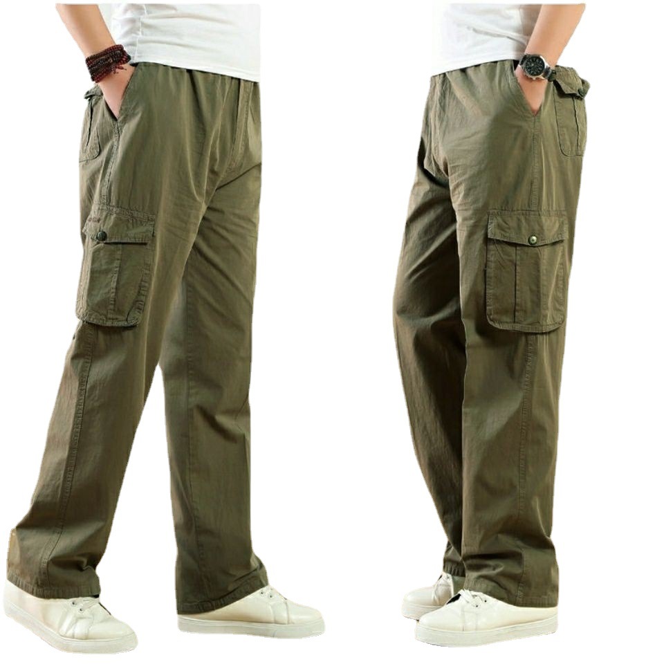 Mono pantalones de hombre de algodón con bolsillos múltiples pantalones de hombre pantalones rectos sueltos pantalones de trabajo en el sitio de construcción color sólido al por mayor