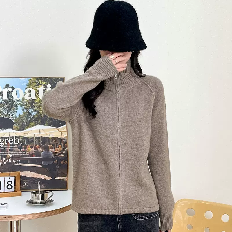 2024秋冬新款韩版羊绒开衫女半高领宽松百搭针织拉链外套羊绒毛衣